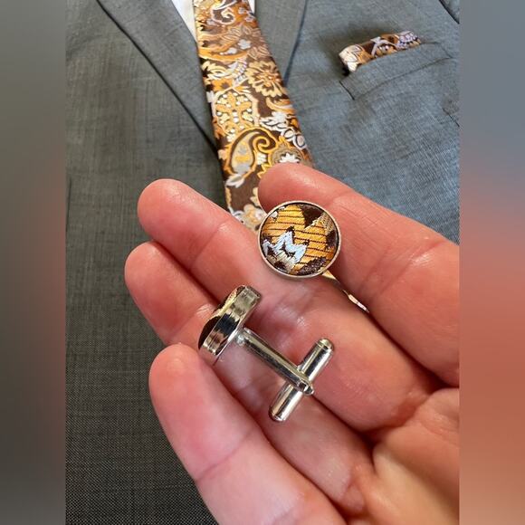 Men’s 3 Piece Tie Set Brown Paisley Tie Pocket Square Cufflinks 57.75"x3.25" - Picture 3 of 4